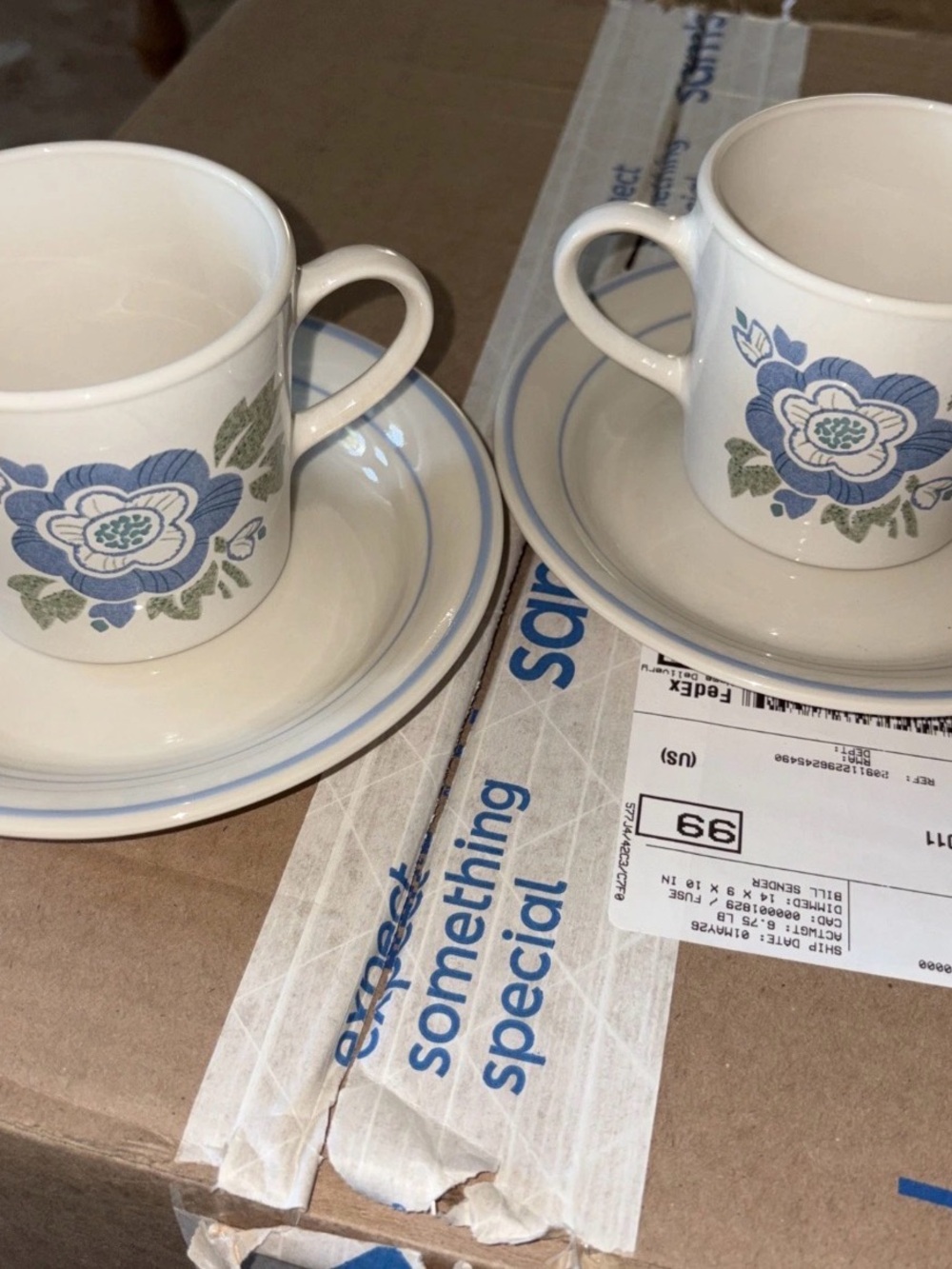 Corningware Cream Cups and Saucers with Blue Floral Accent lot of 2